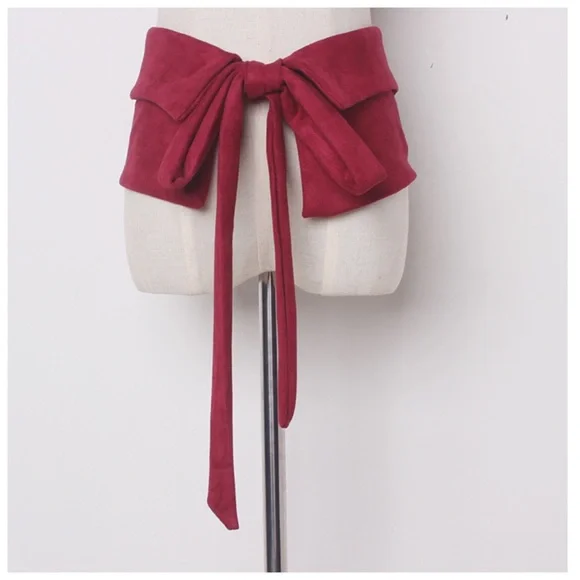 Burgundy Red Microfiber Faux Suede Wide Tie Belt